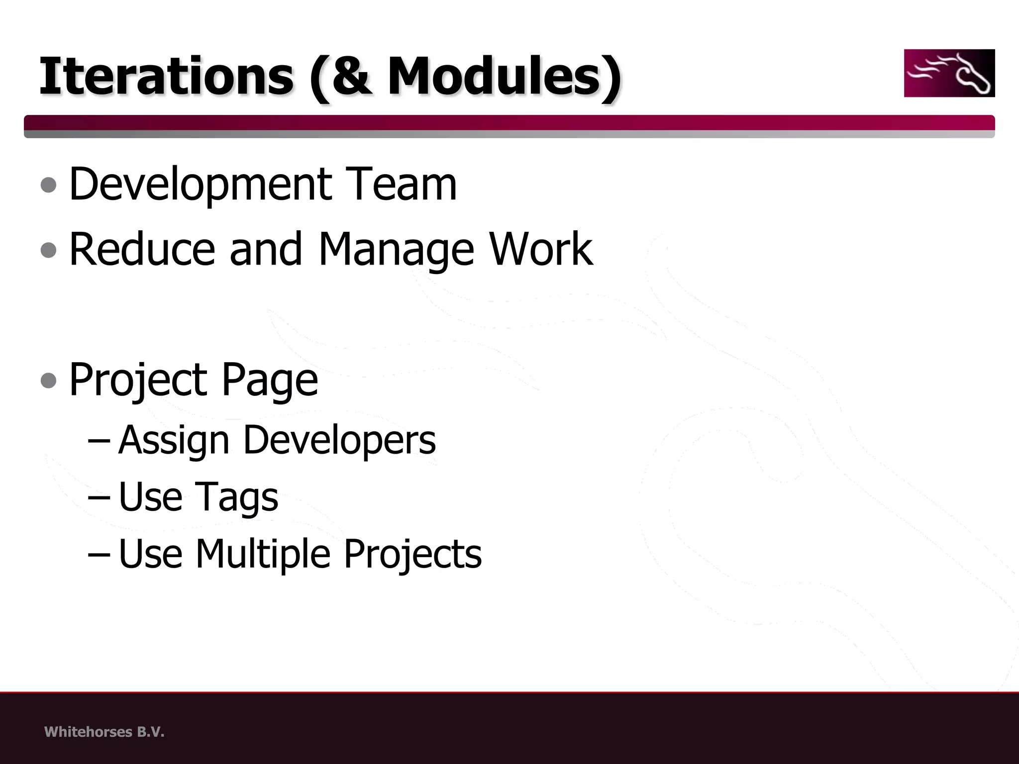 Iterations (& Modules)Development TeamReduce and Manage WorkProject PageAssign DevelopersUse TagsUse Multiple Projects