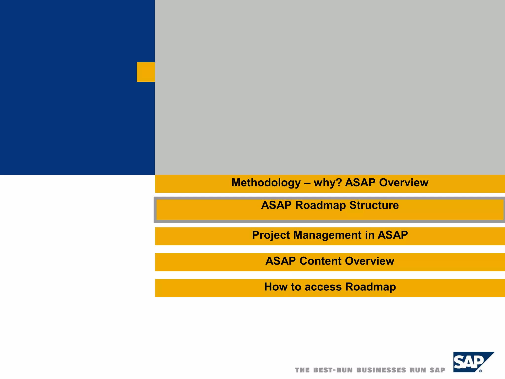 Methodology – why? ASAP Overview
ASAP Roadmap Structure
ASAP Content Overview
How to access Roadmap
Project Management in ASAP
 