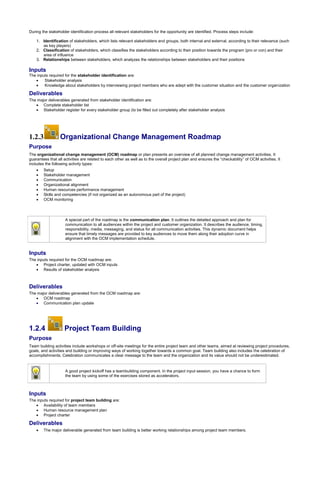 During the stakeholder identification process all relevant stakeholders for the opportunity are identified. Process steps include:
1. Identification of stakeholders, which lists relevant stakeholders and groups, both internal and external, according to their relevance (such
as key players)
2. Classification of stakeholders, which classifies the stakeholders according to their position towards the program (pro or con) and their
area of influence
3. Relationships between stakeholders, which analyzes the relationships between stakeholders and their positions
Inputs
The inputs required for the stakeholder identification are:
 Stakeholder analysis
 Knowledge about stakeholders by interviewing project members who are adept with the customer situation and the customer organization
Deliverables
The major deliverables generated from stakeholder identification are:
 Complete stakeholder list
 Stakeholder register for every stakeholder group (to be filled out completely after stakeholder analysis
1.2.3 Organizational Change Management Roadmap
Purpose
The organizational change management (OCM) roadmap or plan presents an overview of all planned change management activities. It
guarantees that all activities are related to each other as well as to the overall project plan and ensures the “checkability” of OCM activities. It
includes the following activity types:
 Setup
 Stakeholder management
 Communication
 Organizational alignment
 Human resources performance management
 Skills and competencies (if not organized as an autonomous part of the project)
 OCM monitoring
A special part of the roadmap is the communication plan. It outlines the detailed approach and plan for
communication to all audiences within the project and customer organization. It describes the audience, timing,
responsibility, media, messaging, and status for all communication activities. This dynamic document helps
ensure that timely messages are provided to key audiences to move them along their adoption curve in
alignment with the OCM implementation schedule.
Inputs
The inputs required for the OCM roadmap are:
 Project charter, updated with OCM inputs
 Results of stakeholder analysis
Deliverables
The major deliverables generated from the OCM roadmap are:
 OCM roadmap
 Communication plan update
1.2.4 Project Team Building
Purpose
Team building activities include workshops or off-site meetings for the entire project team and other teams, aimed at reviewing project procedures,
goals, and activities and building or improving ways of working together towards a common goal. Team building also includes the celebration of
accomplishments. Celebration communicates a clear message to the team and the organization and its value should not be underestimated.
A good project kickoff has a teambuilding component. In the project input session, you have a chance to form
the team by using some of the exercises stored as accelerators.
Inputs
The inputs required for project team building are:
 Availability of team members
 Human resource management plan
 Project charter
Deliverables
 The major deliverable generated from team building is better working relationships among project team members.
 