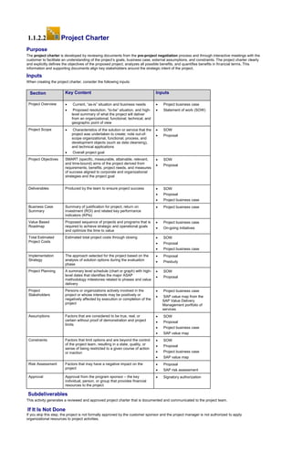 1.1.2.2 Project Charter
Purpose
The project charter is developed by reviewing documents from the pre-project negotiation process and through interactive meetings with the
customer to facilitate an understanding of the project’s goals, business case, external assumptions, and constraints. The project charter clearly
and explicitly defines the objectives of the proposed project, analyzes all possible benefits, and quantifies benefits in financial terms. This
information and supporting documents align key stakeholders around the strategic intent of the project.
Inputs
When creating the project charter, consider the following inputs:
Section Key Content Inputs
Project Overview  Current, “as-is” situation and business needs
 Proposed resolution, “to-be” situation, and high-
level summary of what the project will deliver
from an organizational, functional, technical, and
geographic point of view
 Project business case
 Statement of work (SOW)
Project Scope  Characteristics of the solution or service that the
project was undertaken to create; note out-of-
scope organizational, functional, process, and
development objects (such as data cleansing),
and technical applications
 Overall project goal
 SOW
 Proposal
Project Objectives SMART (specific, measurable, attainable, relevant,
and time-bound) aims of the project derived from
requirements, benefits, project needs, and measures
of success aligned to corporate and organizational
strategies and the project goal
 SOW
 Proposal
Deliverables Produced by the team to ensure project success  SOW
 Proposal
 Project business case
Business Case
Summary
Summary of justification for project, return on
investment (ROI) and related key performance
indicators (KPIs)
 Project business case
Value Based
Roadmap
Proposed sequence of projects and programs that is
required to achieve strategic and operational goals
and optimize the time to value
 Project business case
 On-going initiatives
Total Estimated
Project Costs
Estimated total project costs through closing  SOW
 Proposal
 Project business case
Implementation
Strategy
The approach selected for the project based on the
analysis of solution options during the evaluation
phase
 Proposal
 Prestudy
Project Planning A summary level schedule (chart or graph) with high-
level dates that identifies the major ASAP
methodology milestones related to phases and value
delivery
 SOW
 Proposal
Project
Stakeholders
Persons or organizations actively involved in the
project or whose interests may be positively or
negatively affected by execution or completion of the
project
 Project business case
 SAP value map from the
SAP Value Delivery
Management portfolio of
services
Assumptions Factors that are considered to be true, real, or
certain without proof of demonstration and project
limits
 SOW
 Proposal
 Project business case
 SAP value map
Constraints Factors that limit options and are beyond the control
of the project team, resulting in a state, quality, or
sense of being restricted to a given course of action
or inaction
 SOW
 Proposal
 Project business case
 SAP value map
Risk Assessment Factors that may have a negative impact on the
project
 Proposal
 SAP risk assessment
Approval Approval from the program sponsor – the key
individual, person, or group that provides financial
resources to the project
 Signatory authorization
Subdeliverables
This activity generates a reviewed and approved project charter that is documented and communicated to the project team.
If It Is Not Done
If you skip this step, the project is not formally approved by the customer sponsor and the project manager is not authorized to apply
organizational resources to project activities.
 