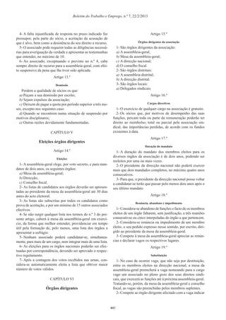Boletim do Trabalho e Emprego, n.º 7, 22/2/2013
4- A falta injustiﬁcada de resposta no prazo indicado faz
pressupor, pela parte do sócio, a aceitação da acusação de
que é alvo, bem como a desistência do seu direito a recurso.
5- O associado pode requerer todas as diligências necessá-
rias para averiguação da verdade e apresentar as testemunhas
que entender, no máximo de 10.
6- Ao associado, exceptuando o previsto no n.º 4, cabe
sempre direito de recurso para a assembleia-geral, com efei-
to suspensivo da pena que lhe tiver sido aplicada.
Artigo 13.º
Demissão
Perdem a qualidade de sócios os que:
a) Peçam a sua demissão por escrito;
b) Sejam expulsos da associação;
c) Deixem de pagar a quota por período superior a três me-
ses, excepto nos seguintes caso:
d) Quando se encontrem numa situação de suspensão por
motivos disciplinares;
e) Outras razões devidamente fundamentadas.
CAPÍTULO V
Eleições órgãos dirigentes
Artigo 14.º
Eleições
1- A assembleia-geral elege, por voto secreto, e para man-
datos de dois anos, os seguintes órgãos:
a) Mesa da assembleia-geral;
b) Direcção;
c) Conselho ﬁscal.
2- As listas de candidatos aos órgãos deverão ser apresen-
tadas ao presidente da mesa da assembleia-geral até 30 dias
antes do acto eleitoral.
3- As listas são subscritas por todos os candidatos como
prova de aceitação, e por um mínimo de 15 outros associados
efectivos.
4- Se não surgir qualquer lista nos termos do n.º 3 do pre-
sente artigo, caberá à mesa da assembleia-geral em exercí-
cio, da forma que melhor entender, providenciar em tempo
útil pela formação de, pelo menos, uma lista dos órgãos a
apresentar a sufrágio.
5- Nenhum associado poderá candidatar-se, simultanea-
mente, para mais de um cargo, nem integrar mais de uma lista.
6- As eleições para os órgãos nacionais poderão ser efec-
tuadas por correspondência, devendo ser aprovado o respec-
tivo regulamento.
7- Após a contagem dos votos recebidos nas urnas, con-
sidera-se automaticamente eleita a lista que obtiver maior
número de votos válidos.
CAPÍTULO VI
Órgãos dirigentes
Artigo 15.º
Órgãos dirigentes da associação
1- São órgãos dirigentes da associação:
a) A assembleia-geral;
b) Mesa da assembleia-geral;
c) A direcção nacional;
d) O conselho ﬁscal.
2- São órgãos distritais:
a) A assembleia distrital;
b) A direcção distrital.
3- São órgãos locais:
a) Delegados sindicais.
Artigo 16.º
Cargos directivos
1- O exercício de qualquer cargo na associação é gratuito.
2- Os sócios que, por motivos de desempenho das suas
funções, percam toda ou parte da remuneração poderão ter
direito ao reembolso, total ou parcial pela associação sin-
dical, das importâncias perdidas, de acordo com os fundos
existentes à data.
Artigo 17.º
Duração do mandato
1- A duração do mandato dos membros eleitos para os
diversos órgãos da associação é de dois anos, podendo ser
reeleitos por uma ou mais vezes.
2- O presidente da direcção nacional não poderá exercer
mais que dois mandados completos, no máximo quatro anos
consecutivos.
3- Para que, o presidente da direcção nacional possa voltar
a candidatar-se terão que passar pelo menos dois anos após o
seu último mandato.
Artigo 18.º
Renúncia, abandono e impedimento
1- Considera-se abandono de funções o facto de os membros
eleitos de um órgão faltarem, sem justiﬁcação, a três reuniões
consecutivas ou cinco interpoladas do órgão a que pertencem.
2- Considera-se renúncia ou impedimento de um membro
eleito, o seu pedido expresso nesse sentido, por escrito, diri-
gido ao presidente da mesa da assembleia-geral.
3- Compete à mesa da assembleia-geral apreciar as renún-
cias e declarar vagos os respectivos lugares.
Artigo 19.º
Substituição
1- No caso de ocorrer vaga, que não seja por destituição,
entre os membros eleitos na direcção nacional, a mesa da
assembleia-geral preencherá a vaga nomeando para o cargo
vago um associado no pleno gozo dos seus direitos sindi-
cais, que exercerá as funções até à próxima assembleia-geral.
Tratando-se, porém, da mesa da assembleia-geral e conselho
ﬁscal, as vagas são preenchidas pelos membros suplentes.
2- Compete ao órgão dirigente afectado com a vaga indicar
441
 
