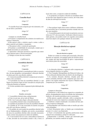 Boletim do Trabalho e Emprego, n.º 7, 22/2/2013
CAPÍTULO IX
Conselho ﬁscal
Artigo 33.º
Composição
O conselho ﬁscal será composto por três elementos, sen-
do um deles o presidente.
Artigo 34.º
Atribuições
Compete ao conselho ﬁscal:
a) Fiscalizar o cumprimento dos estatutos em matéria eco-
nómica e ﬁnanceira;
b) Dar parecer sobre o relatório anual e contas e sobre o
plano anual de actividades e orçamento;
c) Dar parecer sobre o sistema de quotização;
d) Examinar a contabilidade da associação, sempre que o
entenda necessário ou conveniente;
e) Apresentar à direcção nacional as sugestões que enten-
da de interesse para a vida da associação;
f) Redigir as actas das suas reuniões.
CAPÍTULO X
Assembleia distrital
Artigo 35.º
Composição
1- A associação distrital é constituída por todos os associa-
dos, da área geográﬁca correspondente à direcção distrital,
em pleno gozo dos seus direitos sindicais.
2- A mesa da assembleia distrital é composta por um presi-
dente e dois secretários.
3- O presidente da mesa da assembleia distrital é o que
ﬁgurar em primeiro lugar na lista vencedora às eleições para
a direcção distrital ou regional.
4- Um dos secretários será o responsável pela elaboração das
actas.
Artigo 36.º
Reuniões, convocações
1- A assembleia distrital reúne ordinariamente:
a) Uma vez por ano, até ao mês de Março.
b) De 2 em 2 anos para eleger a direcção distrital.
2- A assembleia distrital reúne extraordinariamente:
a) A pedido do presidente da mesa da assembleia distrital:
b) A pedido de 10 % dos associados do distrito em pleno
gozo dos seus direitos sindicais.
3- Os pedidos de convocação da assembleia distrital terão
de ser fundamentados e dirigidos, por escrito, ao presidente
da mesa da assembleia distrital, deles devendo necessaria-
mente constar uma proposta de ordem de trabalhos.
4- A convocatória far-se-á com a antecedência mínima de
15 dias, devendo na convocatória constar o dia, a hora e o
local, bem como, a respectiva ordem de trabalhos.
5- As propostas ou moções a discutir na assembleia distri-
tal deverão estar disponíveis para os sócios, até 8 dias antes
da data da realização da mesma.
Artigo 37.º
Quórum
1- Para qualquer órgão eleito reunir e deliberar validamen-
te é necessário que se encontrem presentes metade mais um
dos seus membros.
2- A assembleia-geral, deverá reunir em primeira convoca-
tória com 10 % dos associados. Veriﬁcada a falta do mencio-
nado quórum, esta poderá reunir em segunda convocatória
meia hora depois com qualquer número de associados.
CAPÍTULO XI
Direcção distrital ou regional
Artigo 38.º
Direcção distrital ou regional
Podem ser criadas ou extintas pela associação, direcções
distritais ou regionais, em qualquer parte do território nacio-
nal, sempre que haja necessidade de apoio e representação
mais directa junto dos associados.
Artigo 39.º
Composição
1- As direcções distritais e regionais serão compostas por
sócios daqueles distritos ou regiões;
2- Nos Comandos Metropolitanos da Polícia de Lisboa e do
Porto as direcções distritais terão um efectivo de sete dirigentes.
3- As restantes direcções distritais, situadas junto dos
outros comandos distritais serão compostas por cinco diri-
gentes e nas regiões autónomas dos Açores e Madeira serão
compostas por três membros.
Artigo 40.º
Competências
Compete às direcções:
a) Dinamizar a vida sindical nos respectivos comandos de
polícia, designadamente através da difusão das informações
sindicais e de reuniões periódicas com os associados;
b) Dar parecer, quando solicitado, sobre as propostas de
admissão de sócios dos respectivos comandos de polícia;
c) Elaborar e manter actualizado o inventário de bens ads-
tritos à respectiva delegação;
d) Desempenhar com eﬁciência todas as tarefas que neles
sejam delegadas;
e) Gerir eﬁcazmente todos os fundos que eventualmente
possam vir a estar à sua disposição;
f) Fazer o levantamento das questões proﬁssionais do(s)
respectivo(s) comando(s) e dirigi-lo à direcção;
g) Representar a ASAPOL, sempre que autorizado pelo
presidente, em reuniões sindicais na região;
444
 
