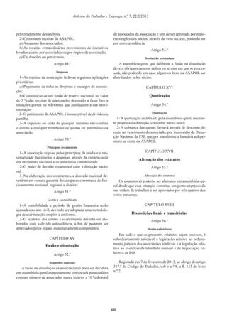 Boletim do Trabalho e Emprego, n.º 7, 22/2/2013
pelo rendimento desses bens.
2- Constituem receitas da ASAPOL:
a) As quotas dos associados;
b) As receitas extraordinárias provenientes de iniciativas
levadas a cabo por associados ou por órgãos da associação;
c) De doações ou patrocínios.
Artigo 49.º
Despesas
1- As receitas da associação terão as seguintes aplicações
prioritárias:
a) Pagamento de todas as despesas e encargos da associa-
ção;
b) Constituição de um fundo de reserva nacional, no valor
de 5 % das receitas de quotização, destinado a fazer face a
situações graves ou relevantes que justiﬁquem a sua movi-
mentação.
2- O património da ASAPOL é insusceptível de divisão ou
partilha.
3- A expulsão ou saída de qualquer membro não confere
o direito a qualquer reembolso de quotas ou património da
associação.
Artigo 50.º
Princípios orçamentais
1- A associação rege-se pelos princípios da unidade e uni-
versalidade das receitas e despesas, através da existência de
um orçamento nacional e de uma única contabilidade.
2- O poder de decisão orçamental cabe à direcção nacio-
nal.
3- Na elaboração dos orçamentos, a direcção nacional de-
verá ter em conta a garantia das despesas correntes e de fun-
cionamento nacional, regional e distrital.
Artigo 51.º
Gestão e contabilidade
1- A contabilidade e período de gestão ﬁnanceira serão
ajustados ao ano civil, devendo ser adoptada uma metodolo-
gia de escrituração simples e uniforme.
2- O relatório das contas e o orçamento deverão ser ela-
borados com a devida antecedência, a ﬁm de poderem ser
apreciados pelos órgãos estatutariamente competentes.
CAPÍTULO XV
Fusão e dissolução
Artigo 52.º
Requisitos especiais
A fusão ou dissolução da associação só pode ser decidida
em assembleia-geral expressamente convocada para o efeito
com um número de associados nunca inferior a 10 % do total
de associados da associação e tem de ser aprovada por maio-
ria simples dos sócios, através de voto secreto, podendo ser
por correspondência.
Artigo 53.º
Destino do património
A assembleia-geral que deliberar a fusão ou dissolução
deverá obrigatoriamente deﬁnir os termos em que se proces-
sará, não podendo em caso algum os bens da ASAPOL ser
distribuídos pelos sócios.
CAPÍTULO XVI
Quotização
Artigo 54.º
Quotização
1- A quotização será ﬁxada pela assembleia-geral, median-
te proposta da direcção, conforme anexo único.
2- A cobrança das quotas far-se-á através de desconto di-
recto no vencimento do associado, por intermédio da Direc-
ção Nacional da PSP, que por transferência bancária a depo-
sitará na conta da ASAPOL.
CAPÍTULO XVII
Alteração dos estatutos
Artigo 55.º
Alteração dos estatutos
Os estatutos só poderão ser alterados em assembleia-ge-
ral desde que essa intenção constitua um ponto expresso da
sua ordem de trabalhos e ser aprovados por três quartos dos
votos presentes.
CAPÍTULO XVIII
Disposições ﬁnais e transitórias
Artigo 56.º
Direito subsidiário
Em tudo o que os presentes estatutos sejam omissos, é
subsidiariamente aplicável a legislação relativa ao ordena-
mento jurídico das associações sindicais e a legislação rela-
tiva ao exercício da liberdade sindical e de negociação co-
lectiva da PSP.
Registado em 7 de fevereiro de 2013, ao abrigo do artigo
317.º do Código do Trabalho, sob o n.º 8, a ﬂ. 153 do livro
n.º 2.
446
 