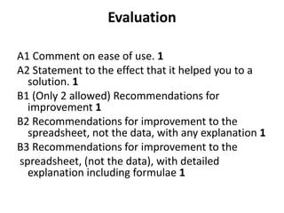 Evaluation
A1 Comment on ease of use. 1
A2 Statement to the effect that it helped you to a
solution. 1
B1 (Only 2 allowed) Recommendations for
improvement 1
B2 Recommendations for improvement to the
spreadsheet, not the data, with any explanation 1
B3 Recommendations for improvement to the
spreadsheet, (not the data), with detailed
explanation including formulae 1
 