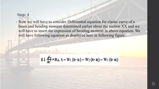 Step: 4
• Now we will have to consider Differential equation for elastic curve of a
beam and bending moment determined earlier about the section XX and we
will have to insert the expression of bending moment in above equation. We
will have following equation as displayed here in following figure.
8
 