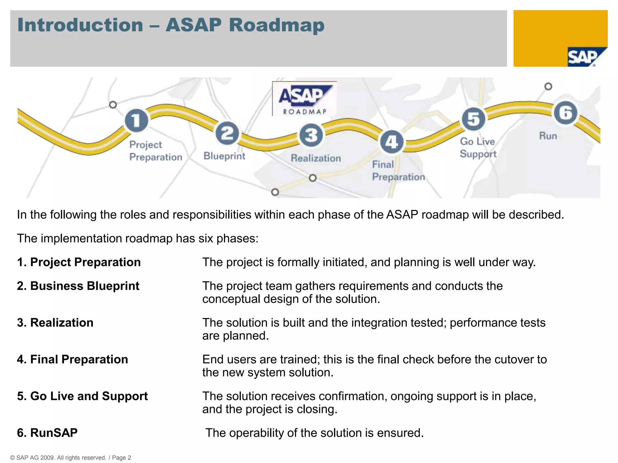 © SAP AG 2009. All rights reserved. / Page 2
Introduction – ASAP Roadmap
In the following the roles and responsibilities within each phase of the ASAP roadmap will be described.
The implementation roadmap has six phases:
1. Project Preparation The project is formally initiated, and planning is well under way.
2. Business Blueprint The project team gathers requirements and conducts the
conceptual design of the solution.
3. Realization The solution is built and the integration tested; performance tests
are planned.
4. Final Preparation End users are trained; this is the final check before the cutover to
the new system solution.
5. Go Live and Support The solution receives confirmation, ongoing support is in place,
and the project is closing.
6. RunSAP The operability of the solution is ensured.
 