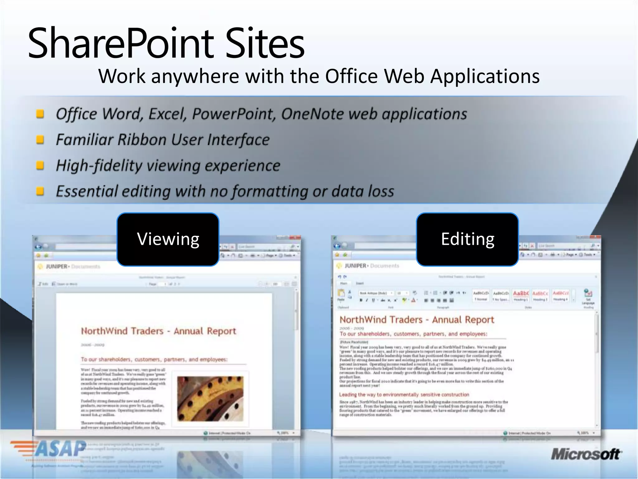 SharePoint Sites
    Work anywhere with the Office Web Applications
 