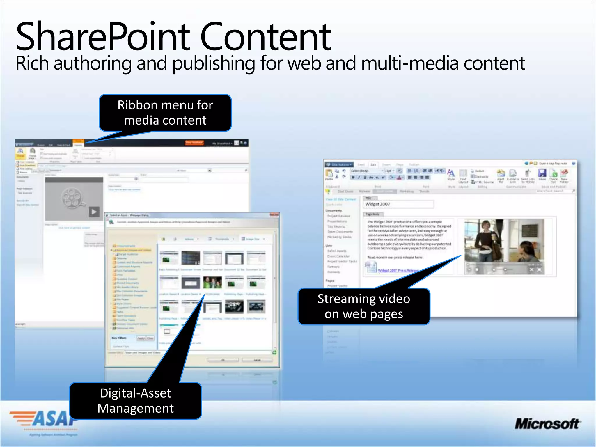 SharePoint Contentand multi-media content
Rich authoring and publishing for web
 