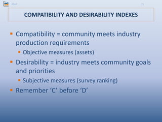 COMPATIBILITY AND DESIRABILITY INDEXES
 Compatibility = community meets industry
production requirements
 Objective meas...