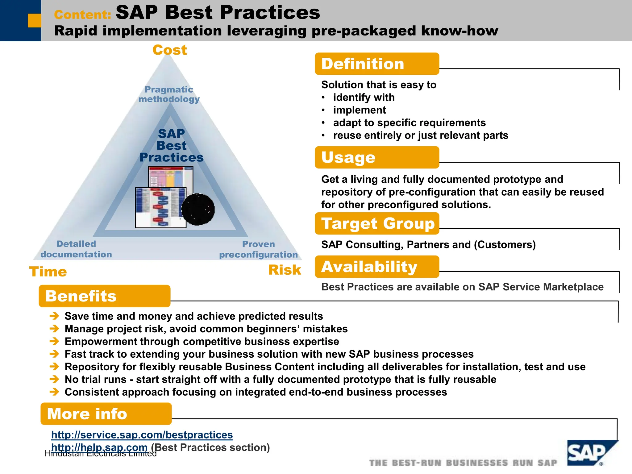 Hindustan Electricals Limited
Content: SAP Best Practices
Rapid implementation leveraging pre-packaged know-how
Definition
Benefits
More info
Solution that is easy to
• identify with
• implement
• adapt to specific requirements
• reuse entirely or just relevant parts
 Save time and money and achieve predicted results
 Manage project risk, avoid common beginners‘ mistakes
 Empowerment through competitive business expertise
 Fast track to extending your business solution with new SAP business processes
 Repository for flexibly reusable Business Content including all deliverables for installation, test and use
 No trial runs - start straight off with a fully documented prototype that is fully reusable
 Consistent approach focusing on integrated end-to-end business processes
http://service.sap.com/bestpractices
http://help.sap.com (Best Practices section)
Usage
Get a living and fully documented prototype and
repository of pre-configuration that can easily be reused
for other preconfigured solutions.
Target Group
SAP Consulting, Partners and (Customers)
Availability
Best Practices are available on SAP Service Marketplace
Time Risk
Pragmatic
methodology
Proven
preconfiguration
Detailed
documentation
SAP
Best
Practices
Cost
 
