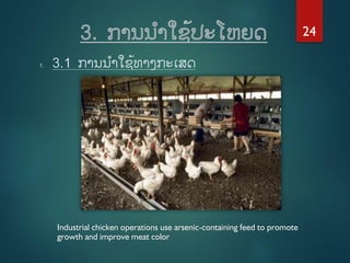 1. 3.1 ການນາໃຊົ້ທາງກະເສດ
Industrial chicken operations use arsenic-containing feed to promote
growth and improve meat colo...