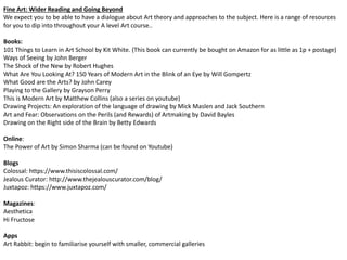 Fine Art: Wider Reading and Going Beyond
We expect you to be able to have a dialogue about Art theory and approaches to the subject. Here is a range of resources
for you to dip into throughout your A level Art course..
Books:
101 Things to Learn in Art School by Kit White. (This book can currently be bought on Amazon for as little as 1p + postage)
Ways of Seeing by John Berger
The Shock of the New by Robert Hughes
What Are You Looking At? 150 Years of Modern Art in the Blink of an Eye by Will Gompertz
What Good are the Arts? by John Carey
Playing to the Gallery by Grayson Perry
This is Modern Art by Matthew Collins (also a series on youtube)
Drawing Projects: An exploration of the language of drawing by Mick Maslen and Jack Southern
Art and Fear: Observations on the Perils (and Rewards) of Artmaking by David Bayles
Drawing on the Right side of the Brain by Betty Edwards
Online:
The Power of Art by Simon Sharma (can be found on Youtube)
Blogs
Colossal: https://www.thisiscolossal.com/
Jealous Curator: http://www.thejealouscurator.com/blog/
Juxtapoz: https://www.juxtapoz.com/
Magazines:
Aesthetica
Hi Fructose
Apps
Art Rabbit: begin to familiarise yourself with smaller, commercial galleries
 