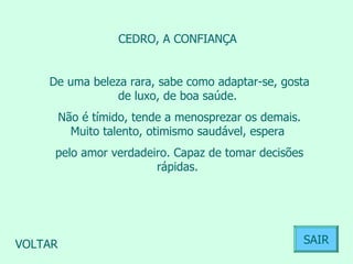 CEDRO, A CONFIANÇA  De uma beleza rara, sabe como adaptar-se, gosta de luxo, de boa saúde.  Não é tímido, tende a menosprezar os demais. Muito talento, otimismo saudável, espera  pelo amor verdadeiro. Capaz de tomar decisões rápidas.  VOLTAR SAIR 