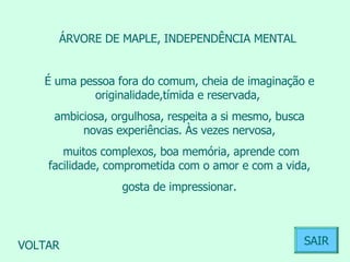 ÁRVORE DE MAPLE, INDEPENDÊNCIA MENTAL  É uma pessoa fora do comum, cheia de imaginação e originalidade,tímida e reservada,  ambiciosa, orgulhosa, respeita a si mesmo, busca novas experiências. Às vezes nervosa, muitos complexos, boa memória, aprende com facilidade, comprometida com o amor e com a vida, gosta de impressionar.  VOLTAR SAIR 