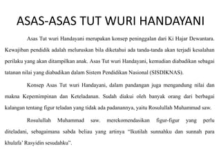 ASAS-ASAS TUT WURI HANDAYANI
Asas Tut wuri Handayani merupakan konsep peninggalan dari Ki Hajar Dewantara.
Kewajiban pendidik adalah meluruskan bila diketahui ada tanda-tanda akan terjadi kesalahan
perilaku yang akan ditampilkan anak. Asas Tut wuri Handayani, kemudian diabadikan sebagai
tatanan nilai yang diabadikan dalam Sistem Pendidikan Nasional (SISDIKNAS).
Konsep Asas Tut wuri Handayani, dalam pandangan juga mengandung nilai dan
makna Kepemimpinan dan Keteladanan. Sudah diakui oleh banyak orang dari berbagai
kalangan tentang figur teladan yang tidak ada padanannya, yaitu Rosulullah Muhammad saw.
Rosulullah

Muhammad

saw.

merekomendasikan

figur-figur

yang

perlu

diteladani, sebagaimana sabda beliau yang artinya “Ikutilah sunnahku dan sunnah para
khulafa’ Rasyidin sesudahku”.

 