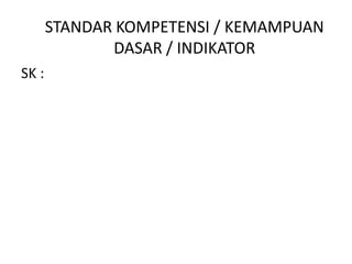 STANDAR KOMPETENSI / KEMAMPUAN
DASAR / INDIKATOR
SK :

 