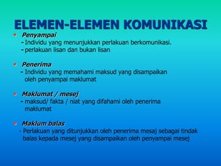 ELEMEN-ELEMEN KOMUNIKASI
• Penyampai
- Individu yang menunjukkan perlakuan berkomunikasi.
- perlakuan lisan dan bukan lisan
• Penerima
- Individu yang memahami maksud yang disampaikan
oleh penyampai maklumat
• Maklumat / mesej
- maksud/ fakta / niat yang difahami oleh penerima
maklumat
• Maklum balas
- Perlakuan yang ditunjukkan oleh penerima mesaj sebagai tindak
balas kepada mesej yang disampaikan oleh penyampai mesej
 