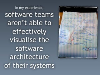 In my experience,
software teams
aren’t able to
effectively
visualise the
software
architecture
of their systems
 