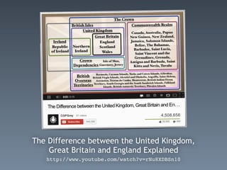 The Difference between the United Kingdom,
Great Britain and England Explained
http://www.youtube.com/watch?v=rNu8XDBSn10
 