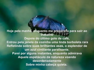 Hoje pela manhã, enquanto me preparava para sair aoHoje pela manhã, enquanto me preparava para sair ao
trabalhotrabalho
Depois do último gole de café,Depois do último gole de café,
Entrou pela janela da cozinha uma linda borboleta raraEntrou pela janela da cozinha uma linda borboleta rara
Refletindo sobre suas brilhantes asas, o esplendor deRefletindo sobre suas brilhantes asas, o esplendor de
um azul cintilante paralisante.um azul cintilante paralisante.
Parei por alguns instantes, enquanto admiravaParei por alguns instantes, enquanto admirava
Aquele espetáculo da natureza voandoAquele espetáculo da natureza voando
desordenadamentedesordenadamente
Sobre minha cabeça quieta.Sobre minha cabeça quieta.
 