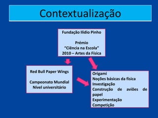 Contextualização
                Fundação Ilídio Pinho

                       Prémio
                 “Ciência na Escola”
                2010 – Artes da Física



Red Bull Paper Wings             Origami
                                 Noções básicas da física
Campeonato Mundial               Investigação
 Nível universitário             Construção de aviões       de
                                 papel
                                 Experimentação
                                 Competição
 