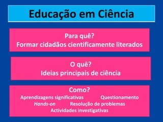 Educação em Ciência
              Para quê?
Formar cidadãos cientificamente literados

                   O quê?
         Ideias principais de ciência

                     Como?
 Aprendizagens significativas       Questionamento
      Hands-on         Resolução de problemas
             Actividades investigativas
 