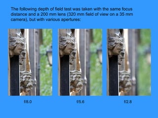 The following depth of field test was taken with the same focus distance and a 200 mm lens (320 mm field of view on a 35 mm camera), but with various apertures:  f/8.0  f/5.6  f/2.8  