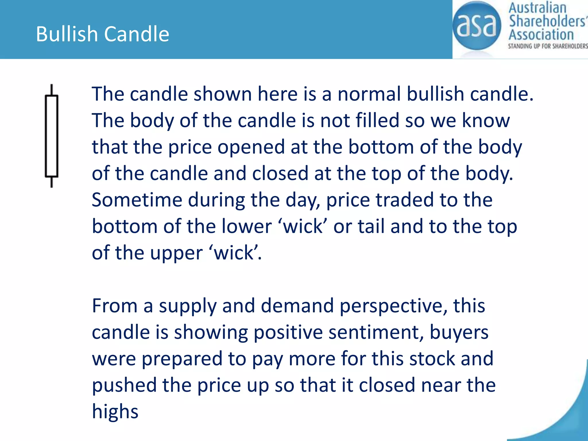 Bullish Candle
The candle shown here is a normal bullish candle.
The body of the candle is not filled so we know
that the price opened at the bottom of the body
of the candle and closed at the top of the body.
Sometime during the day, price traded to the
bottom of the lower ‘wick’ or tail and to the top
of the upper ‘wick’.
From a supply and demand perspective, this
candle is showing positive sentiment, buyers
were prepared to pay more for this stock and
pushed the price up so that it closed near the
highs

 