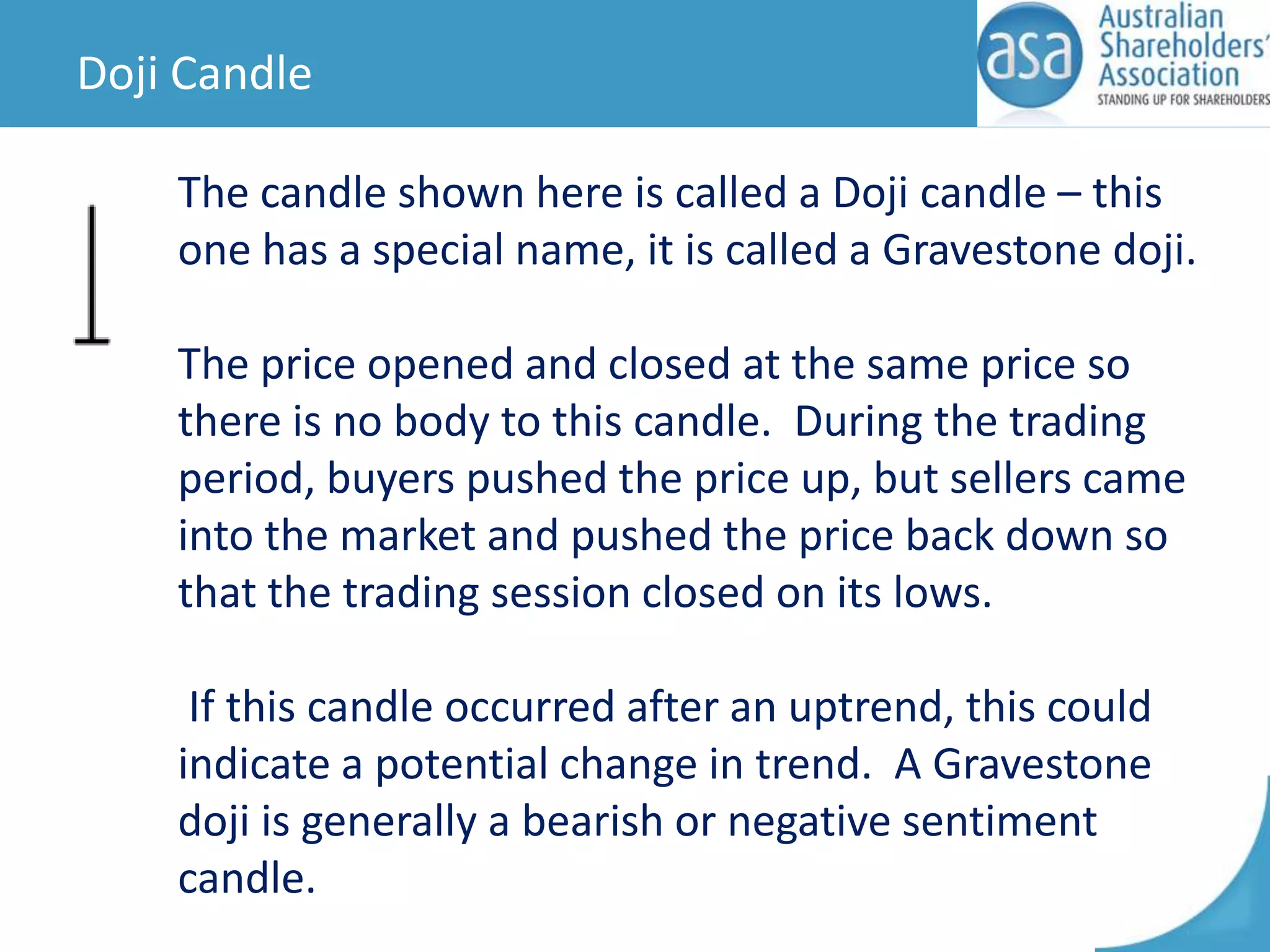 Doji Candle
The candle shown here is called a Doji candle – this
one has a special name, it is called a Gravestone doji.
The price opened and closed at the same price so
there is no body to this candle. During the trading
period, buyers pushed the price up, but sellers came
into the market and pushed the price back down so
that the trading session closed on its lows.
If this candle occurred after an uptrend, this could
indicate a potential change in trend. A Gravestone
doji is generally a bearish or negative sentiment
candle.

 