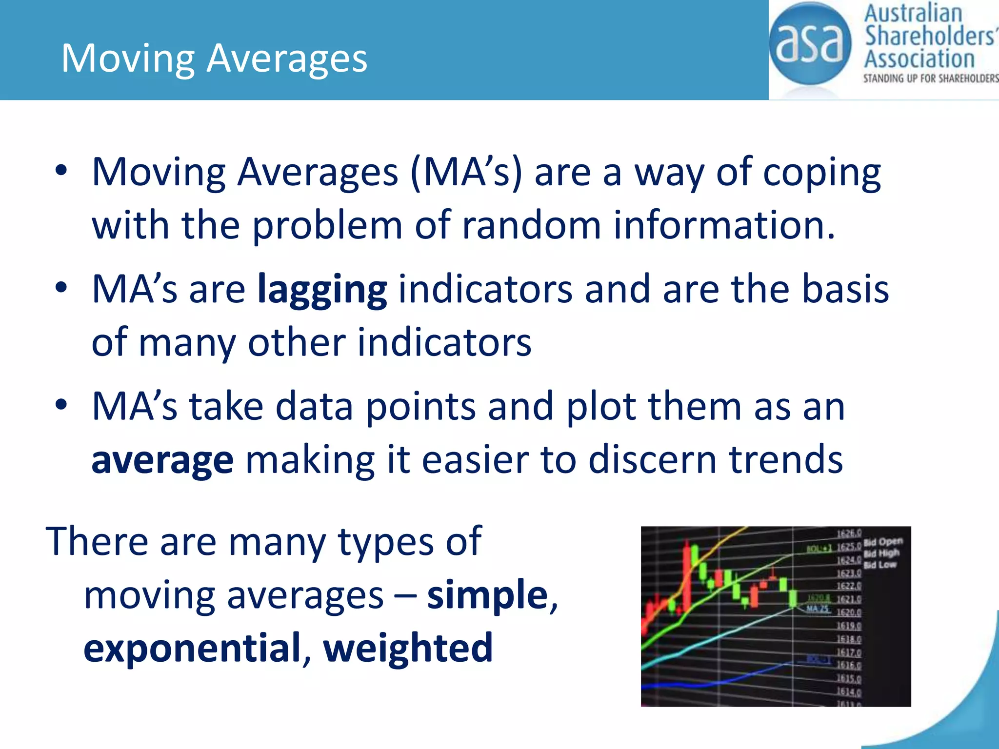 Moving Averages

• Moving Averages (MA’s) are a way of coping
with the problem of random information.
• MA’s are lagging indicators and are the basis
of many other indicators
• MA’s take data points and plot them as an
average making it easier to discern trends
There are many types of
moving averages – simple,
exponential, weighted

 