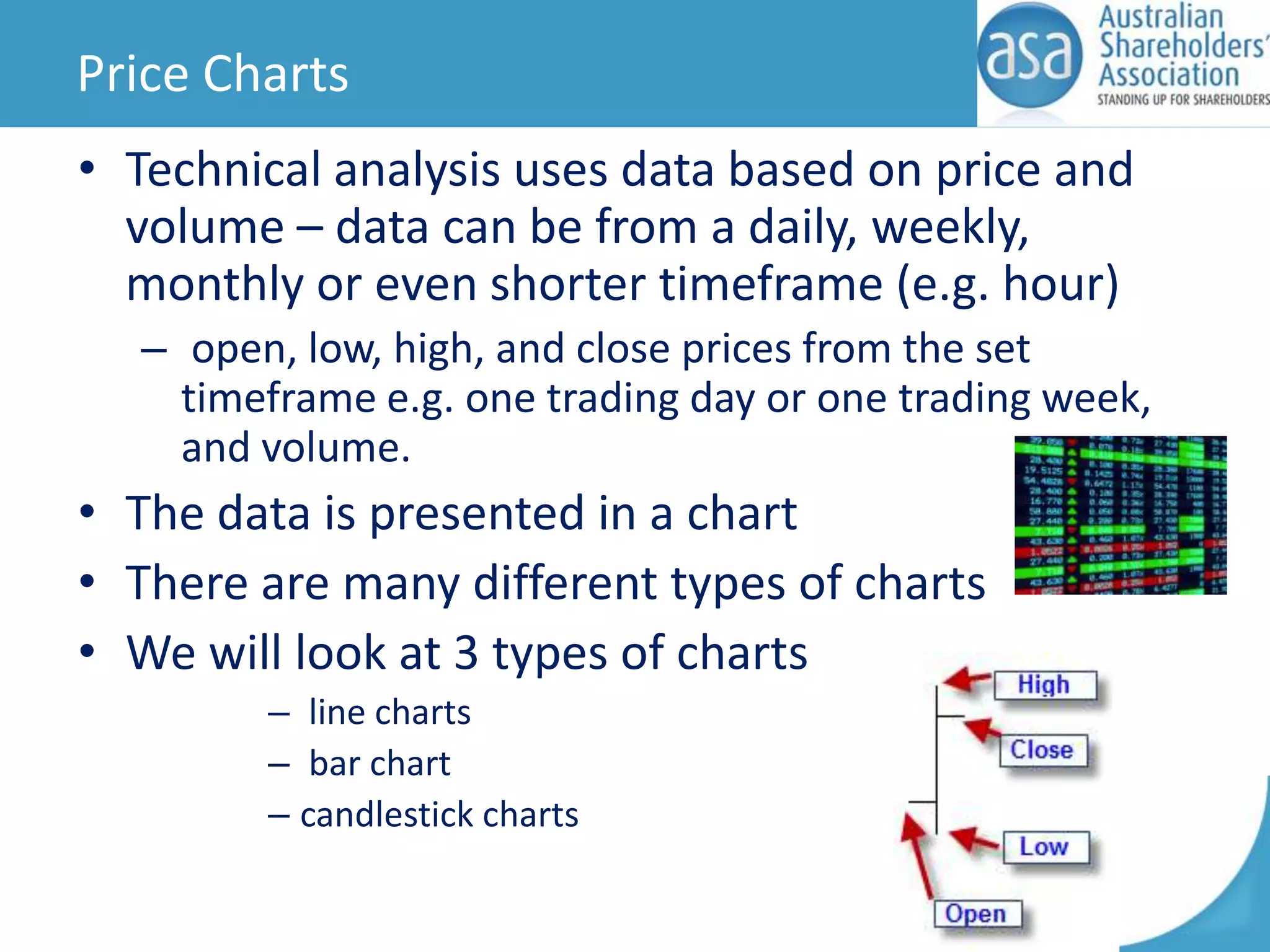 Price Charts
• Technical analysis uses data based on price and
volume – data can be from a daily, weekly,
monthly or even shorter timeframe (e.g. hour)
– open, low, high, and close prices from the set
timeframe e.g. one trading day or one trading week,
and volume.

• The data is presented in a chart
• There are many different types of charts
• We will look at 3 types of charts
– line charts
– bar chart
– candlestick charts

 