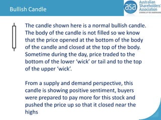Bullish Candle
The candle shown here is a normal bullish candle.
The body of the candle is not filled so we know
that the price opened at the bottom of the body
of the candle and closed at the top of the body.
Sometime during the day, price traded to the
bottom of the lower ‘wick’ or tail and to the top
of the upper ‘wick’.
From a supply and demand perspective, this
candle is showing positive sentiment, buyers
were prepared to pay more for this stock and
pushed the price up so that it closed near the
highs

 