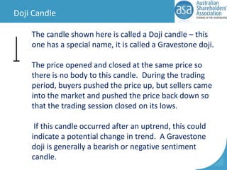 Doji Candle
The candle shown here is called a Doji candle – this
one has a special name, it is called a Gravestone doji.
The price opened and closed at the same price so
there is no body to this candle. During the trading
period, buyers pushed the price up, but sellers came
into the market and pushed the price back down so
that the trading session closed on its lows.
If this candle occurred after an uptrend, this could
indicate a potential change in trend. A Gravestone
doji is generally a bearish or negative sentiment
candle.

 
