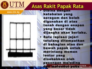 Asas Rakit Papak Rata

• Dibina dengan
ketebalan yang
seragam dan boleh
digunakan di atas
tanah dengan enapan
yang besar tidak
dijangka akan berlaku.
• Satu lapisan jejari
tetulang ditempatkan
di bahagian atas dan
bawah papak untuk
merintang momen
lentur yang
disebabkan oleh
pesongan meleding
dan melendut pada

6

 