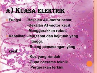 A)   KUASA ELEKTRIK
 Fungsi   -Bekalan AU-motor besar,
            -Bekalan AT-motor kecil
            -Menggerakkan robot.
 Kebaikan –laju,tepat dan kejituan yang

               tinggi.
             -Ruang pemasangan yang
  kecil
             -Kos yang rendah
             -Guna bersama teknik
              Pergerakan terkini.
 