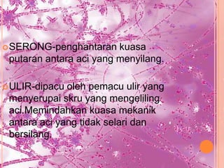  SERONG-penghantaran    kuasa
 putaran antara aci yang menyilang.

 ULIR-dipacu oleh pemacu ulir yang
 menyerupai skru yang mengeliling
 aci.Memindahkan kuasa mekanik
 antara aci yang tidak selari dan
 bersilang.
 