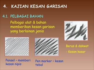 4.  KAJIAN KESAN GARISAN 4.1.  PELBAGAI BAHAN Pelbagai alat & bahan memberikan kesan garisan yang berlainan jenis Pensel – memberi  kesan nipis Pen marker – kesan tebal Berus & dakwat - Kesan kasar 