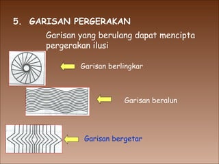 5.  GARISAN PERGERAKAN Garisan berlingkar Garisan bergetar Garisan beralun Garisan yang berulang dapat mencipta pergerakan ilusi 
