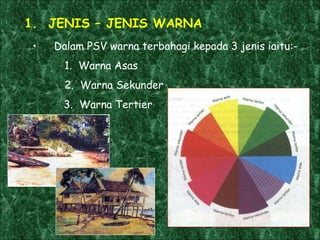1.  JENIS – JENIS WARNA Dalam PSV warna terbahagi kepada 3 jenis iaitu:- 1.  Warna Asas 2.  Warna Sekunder   3.  Warna Tertier 