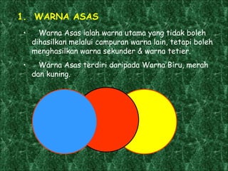1.  WARNA ASAS Warna Asas ialah warna utama yang tidak boleh dihasilkan melalui campuran warna lain, tetapi boleh menghasilkan warna sekunder & warna tetier. Warna Asas terdiri daripada Warna Biru, merah  dan kuning. 