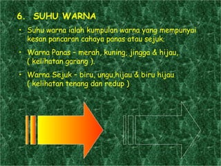 Suhu warna ialah kumpulan warna yang mempunyai kesan pancaran cahaya panas atau sejuk. Warna Panas – merah, kuning, jingga & hijau,  ( kelihatan garang ). Warna Sejuk – biru, ungu,hijau & biru hijau  ( kelihatan tenang dan redup )  6.  SUHU WARNA 