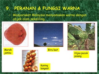 . 9.  PERANAN & FUNGSI WARNA Masyarakat Malaysia menyamakan warna dengan objek alam sekeliling. Merah jambu Biru laut Kuning langsat Hijau pucuk pisang 