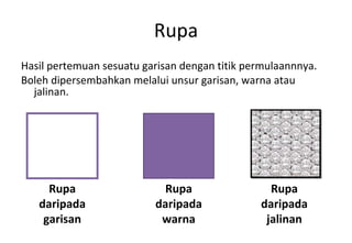 Rupa Hasil pertemuan sesuatu garisan dengan titik permulaannnya. Boleh dipersembahkan melalui unsur garisan, warna atau jalinan. Rupa daripada garisan Rupa daripada warna Rupa daripada jalinan 