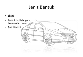 Jenis Bentuk ilusi Bentuk hasil daripada lakaran dan catan Dua dimensi 