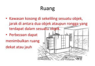 Ruang Kawasan kosong di sekeliling sesuatu objek, jarak di antara dua objek ataupun rongga yang terdapat dalam sesuatu objek . Perbezaan dapat menimbulkan ruang dekat atau jauh 