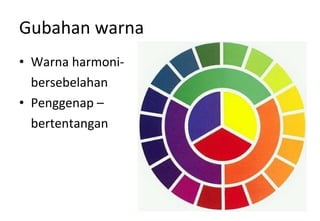 Gubahan warna Warna harmoni- bersebelahan  Penggenap –  bertentangan 
