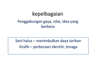 kepelbagaian Penggabungan gaya, nilai, idea yang berbeza Seni halus – menimbulkan daya tarikan Grafik – perbezaan identiti, tenaga 