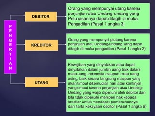 P
E
N
G
E
R
T
I
A
N
DEBITOR
UTANG
KREDITOR
Orang yang mempunyai utang karena
perjanjian atau Undang-undang yang
Pelunasannya dapat ditagih di muka
Pengadilan (Pasal 1 angka 3)
Orang yang mempunyai piutang karena
perjanjian atau Undang-undang yang dapat
ditagih di muka pengadilan (Pasal 1 angka 2)
Kewajiban yang dinyatakan atau dapat
dinyatakan dalam jumlah uang baik dalam
mata uang Indonesia maupun mata uang
asing, baik secara langsung maupun yang
akan timbul dikemudian hari atau kontinjen
yang timbul karena perjanjian atau Undang-
Undang yang wajib dipenuhi oleh debitor dan
bila tidak dipenuhi memberi hak kepada
kreditor untuk mendapat pemenuhannya
dari harta kekayaan debitor (Pasal 1 angka 6)
 