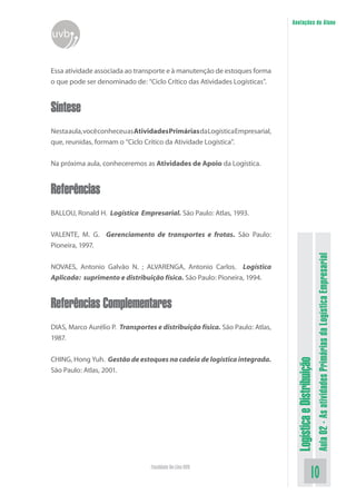 LogísticaeDistribuição
Aula02-AsatividadesPrimáriasdaLogísticaEmpresarial
10Faculdade On-Line UVB
Anotações do Aluno
uvb
Essa atividade associada ao transporte e à manutenção de estoques forma
o que pode ser denominado de: “Ciclo Crítico das Atividades Logísticas”.
Síntese
Nestaaula,vocêconheceuasAtividadesPrimáriasdaLogísticaEmpresarial,
que, reunidas, formam o “Ciclo Crítico da Atividade Logística”.
Na próxima aula, conheceremos as Atividades de Apoio da Logística.
Referências
BALLOU, Ronald H. Logística Empresarial. São Paulo: Atlas, 1993.
VALENTE, M. G. Gerenciamento de transportes e frotas. São Paulo:
Pioneira, 1997.
NOVAES, Antonio Galvão N. ; ALVARENGA, Antonio Carlos. Logística
Aplicada: suprimento e distribuição física. São Paulo: Pioneira, 1994.
Referências Complementares
DIAS, Marco Aurélio P. Transportes e distribuição física. São Paulo: Atlas,
1987.
CHING, Hong Yuh. Gestão de estoques na cadeia de logística integrada.
São Paulo: Atlas, 2001.
 