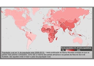 População rural em % da população total (2009-2013) – nesta publicação do Banco Mundial constata-se que os
países mais pobres e atrasados, como são a maioria dos países africanos e os países da Ásia do Sul e de
Sudeste, são aqueles onde é maior o peso da população rural.

 